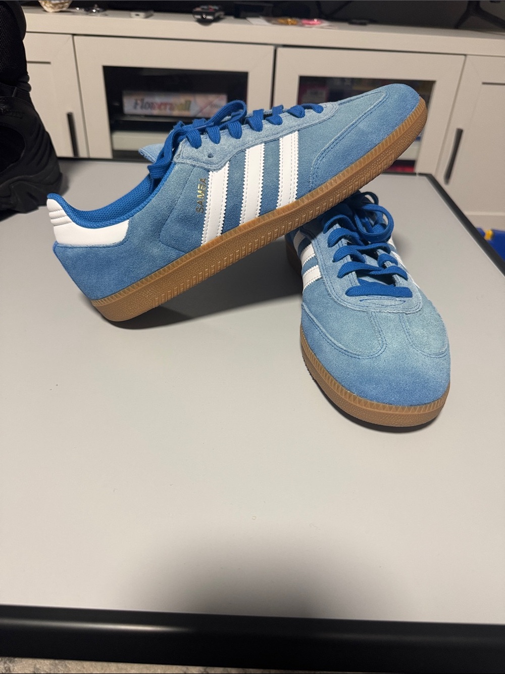adidas Light Blue Suede Sneakers with White Stripes and Gum Sole